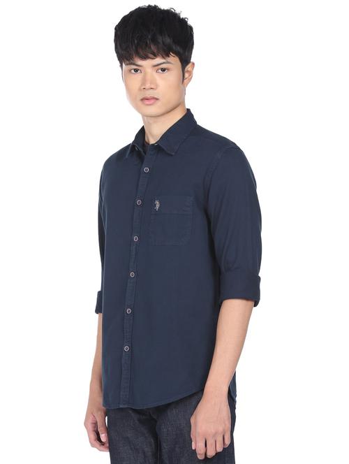 navy-blue solid casual shirt - 18331321 - Very Small Image - 1