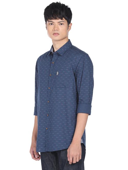 navy-blue printed casual shirt - 18331337 - Very Small Image - 1