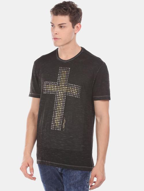 black front printed casual t-shirt - 18332571 - Very Small Image - 1