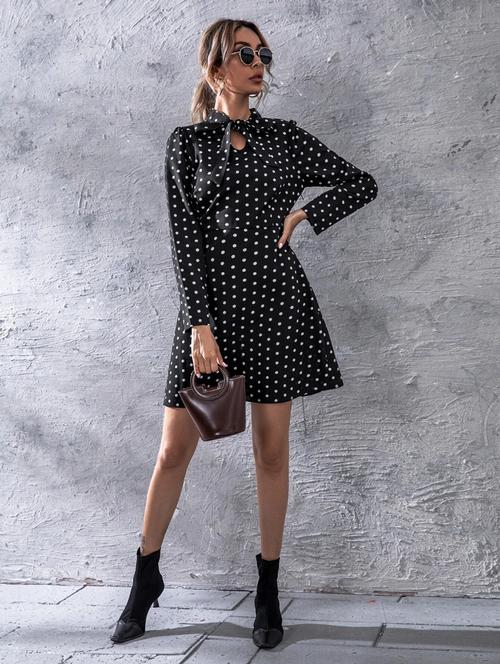 tie up neck polka dot a-line dress - 18333008 - Very Small Image - 1