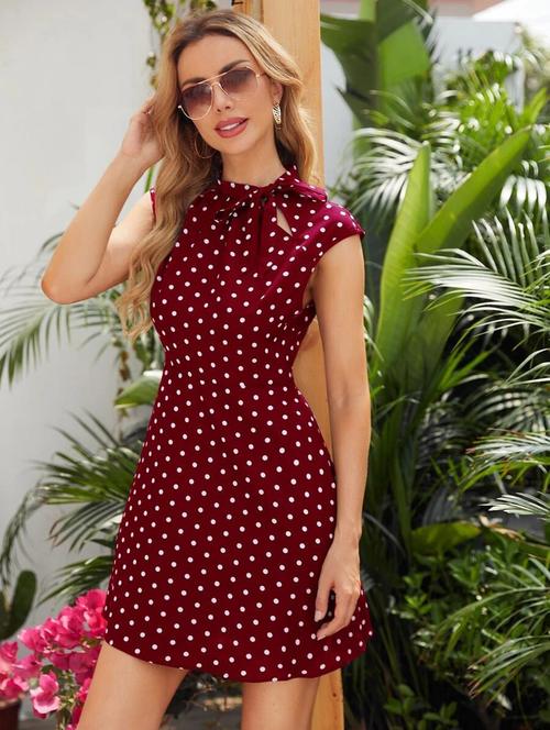 tie up neck polka dot fit & flare dress - 18333030 - Very Small Image - 1