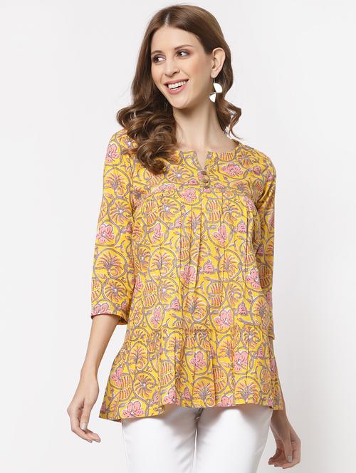 yellow notch neck floral printed tunic - 18333898 - Very Small Image - 1