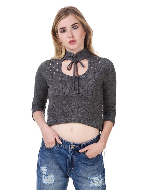 three quarter sleeve solid crop top - 18334871 - Very Small Image - 1