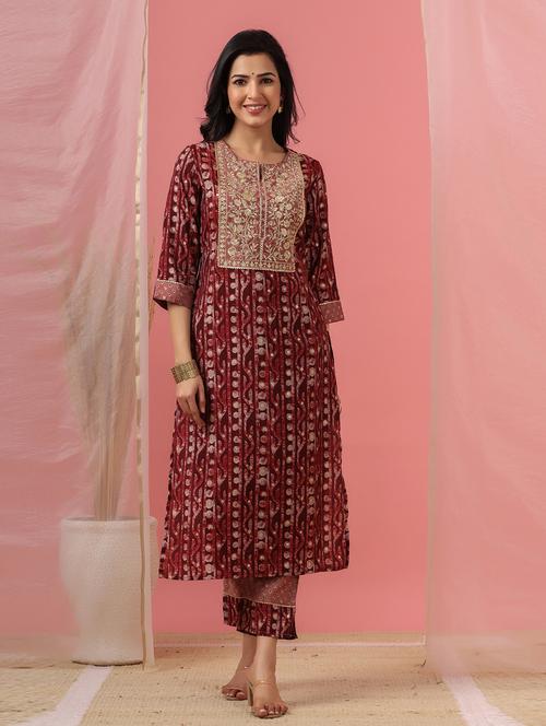 red chanderi kurta pant set - 18334976 - Very Small Image - 1
