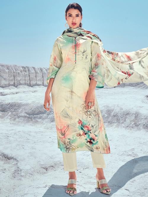 cream cotton unstitched suit - 18335047 - Very Small Image - 1