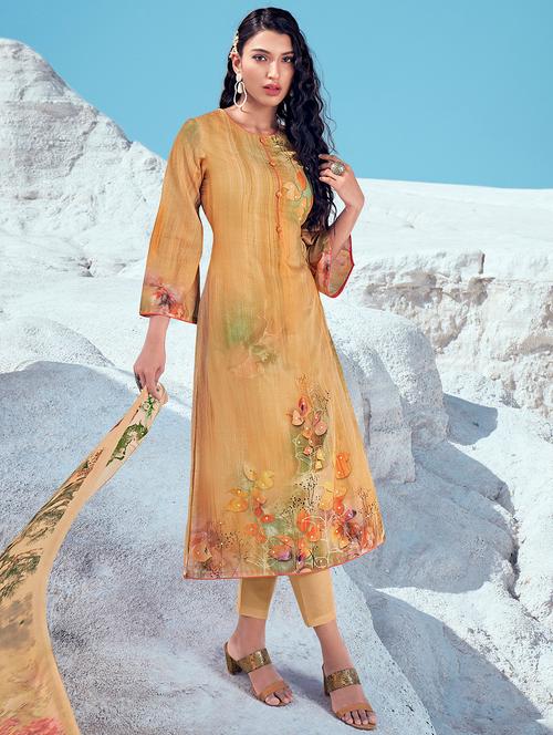 yellow cotton unstitched suit - 18335050 - Very Small Image - 1