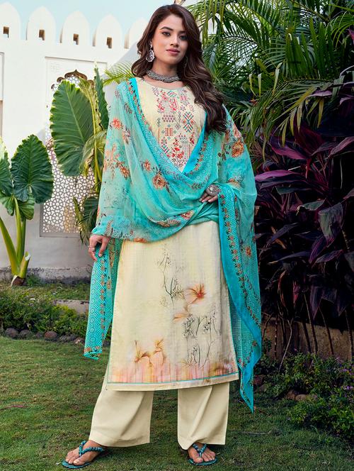 cream cotton unstitched suit - 18335058 - Very Small Image - 1
