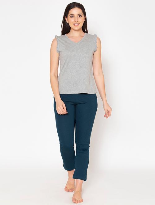 v-neck solid nightwear pajama set - 18335228 - Very Small Image - 1