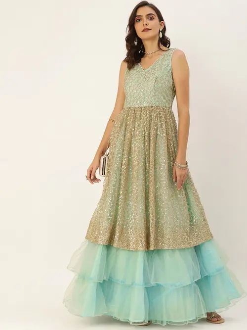 ladies printed gowns fabric net green - 18335418 - Very Small Image - 1