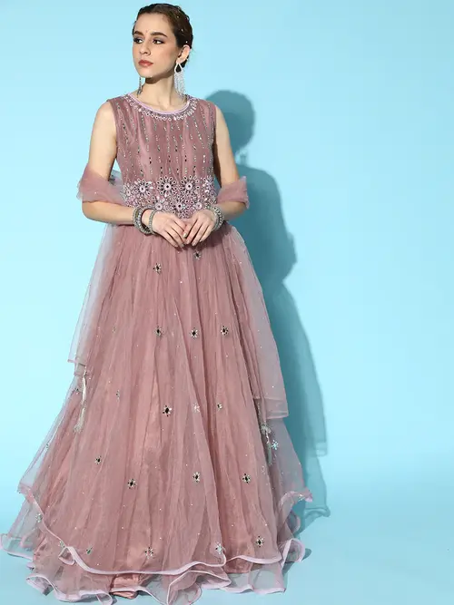 ladies printed gowns fabric net pink - 18335424 - Very Small Image - 1