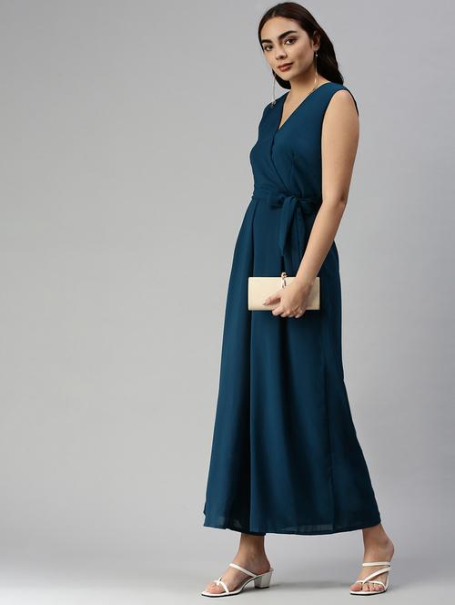 tie front solid full leg jumpsuit - 18336960 - Very Small Image - 1