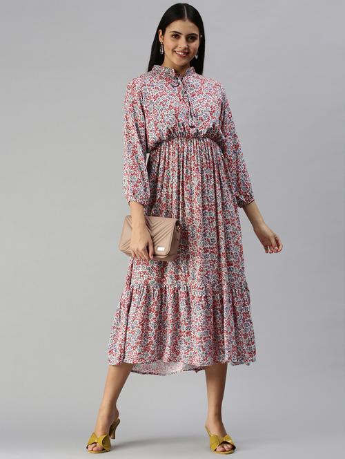 mandarin neck floral flared dress - 18337308 - Very Small Image - 1