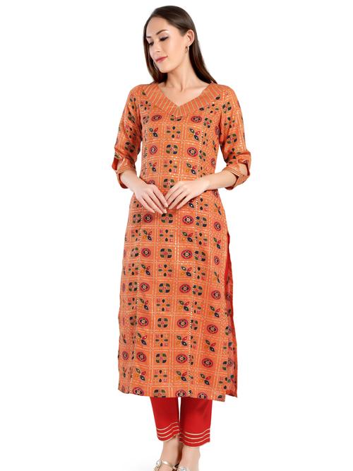orange bandhani print kurta and pant set - 18340285 - Very Small Image - 1