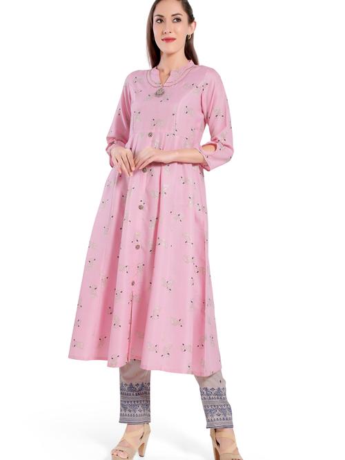 foil printed anarkali cotton kurti with gota lace work (pink) - 18340286 - Very Small Image - 1