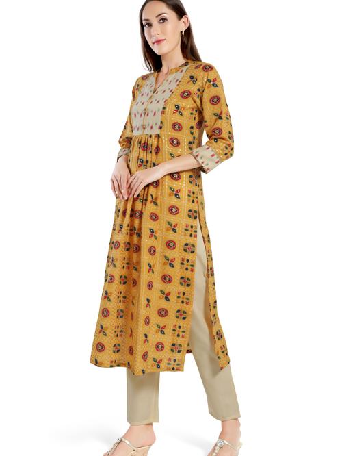 yellow mandarin neck printed kurta with pant set - 18340288 - Very Small Image - 1