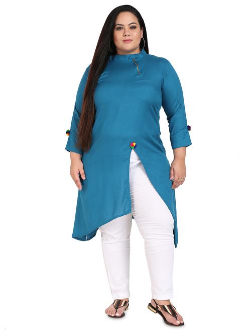 blue solid asymmetric plus size kurta - 18340795 - Very Small Image - 1