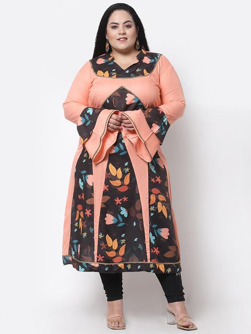 orange printed a-line plus size kurta - 18340867 - Very Small Image - 1