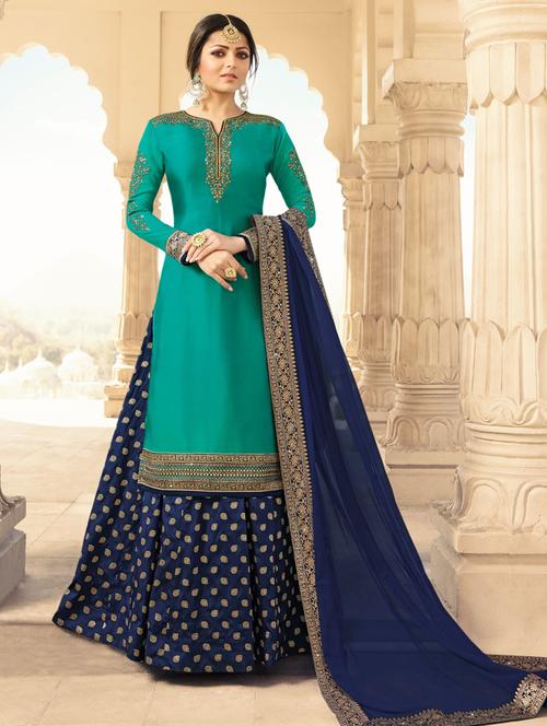 turquoise georgette semistitched suit - 18341179 - Very Small Image - 1