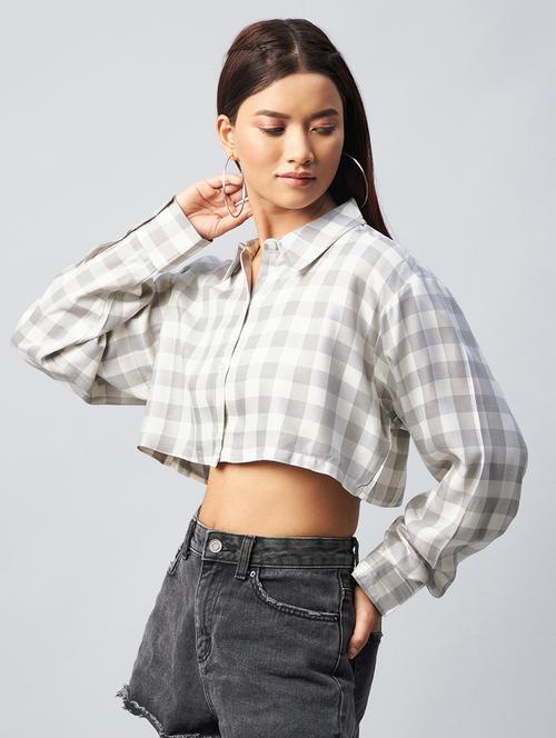 long sleeved checkered crop shirt - 18342571 - Very Small Image - 1