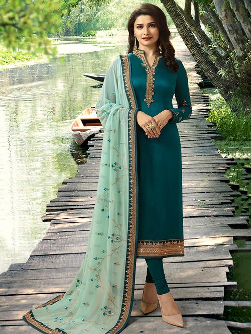 turquoise churidaar suits semi-stitched suit - 18344421 - Very Small Image - 1