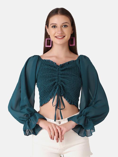 smocked solid crop top - 18344808 - Very Small Image - 1