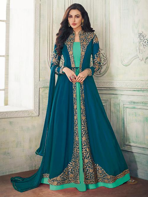 turquoise georgette semistitched suit - 18344900 - Very Small Image - 1