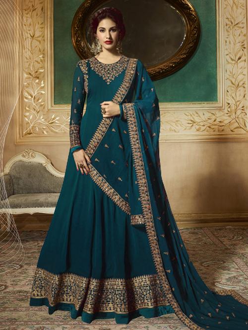 turquoise georgette semistitched suit - 18344907 - Very Small Image - 1