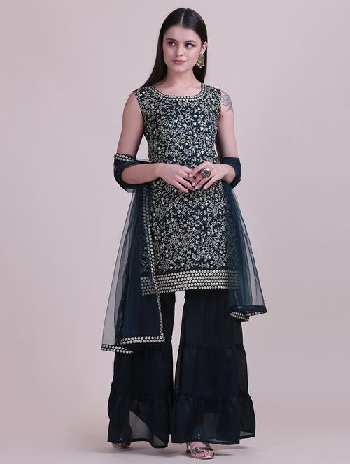 embroidered unstitched sharara suit set - 18345913 - Very Small Image - 1