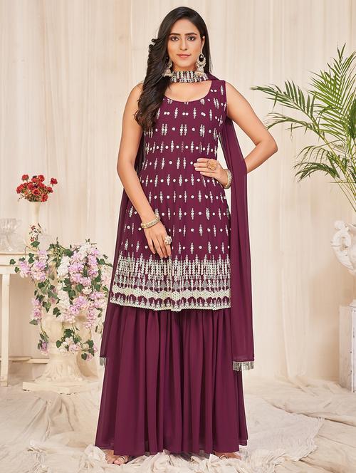 embroidered unstitched sharara suit set - 18345929 - Very Small Image - 1