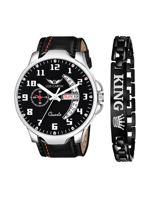 lois caron lcs-8802 day & date functioning black dial + black leather strap + king bracelet for boys-men - 18346237 - Very Small Image - 1