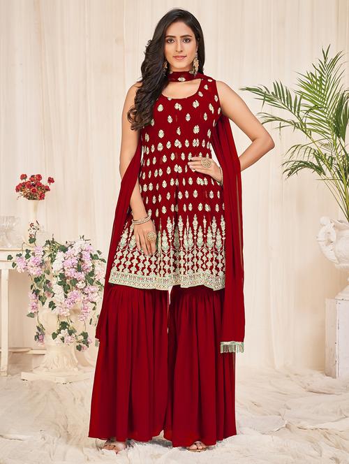 embroidered unstitched sharara suit set - 18346564 - Very Small Image - 1