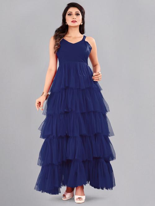 navy blue solid fit & flare gown - 18346744 - Very Small Image - 1