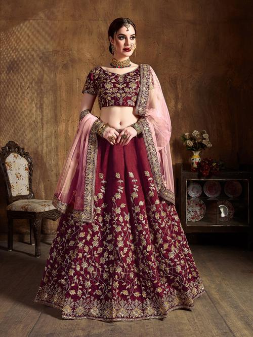 maroon silk flared lehenga - 18351284 - Very Small Image - 1