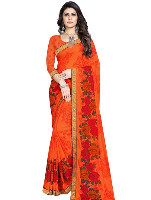 orange georgette printed saree with blouse - 18351416 - Very Small Image - 1