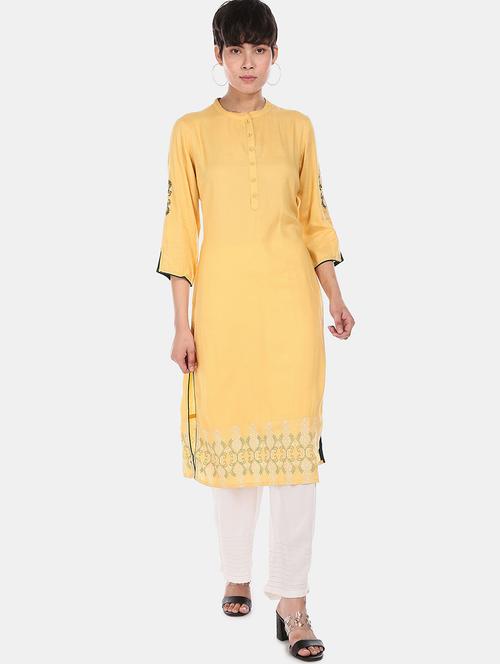 yellow cotton blend straight kurta - 18353622 - Very Small Image - 1