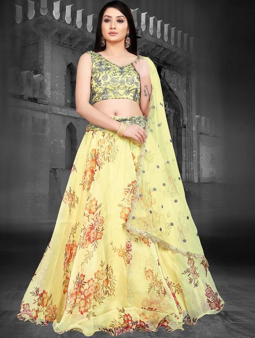yellow organza flared lehenga - 18355117 - Very Small Image - 1
