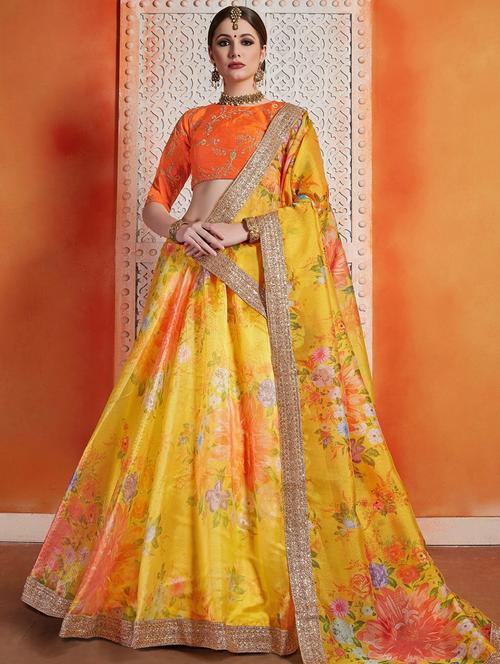 yellow silk flared lehenga - 18355123 - Very Small Image - 1