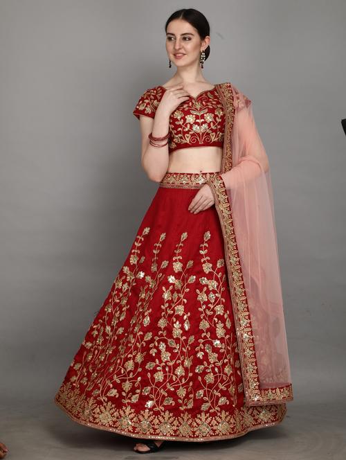 maroon silk flared lehenga - 18355130 - Very Small Image - 1
