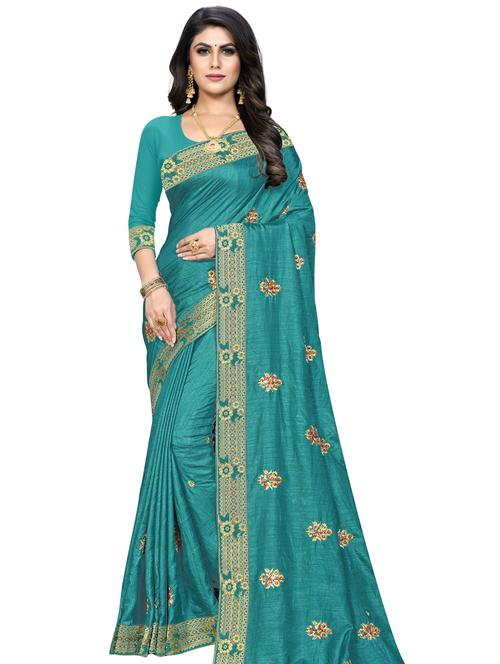 turquoise embroidered saree with blouse - 18355290 - Very Small Image - 1