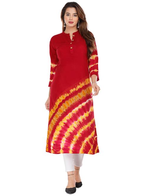maroon tie & dye straight kurta - 18356656 - Very Small Image - 1