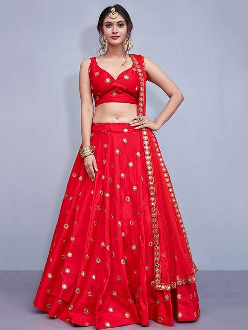 red satin flared lehenga - 18357078 - Very Small Image - 1