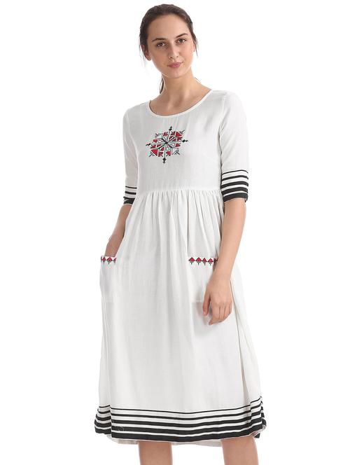 three quarter sleeved embroidered fit & flare dress - 18357596 - Very Small Image - 1