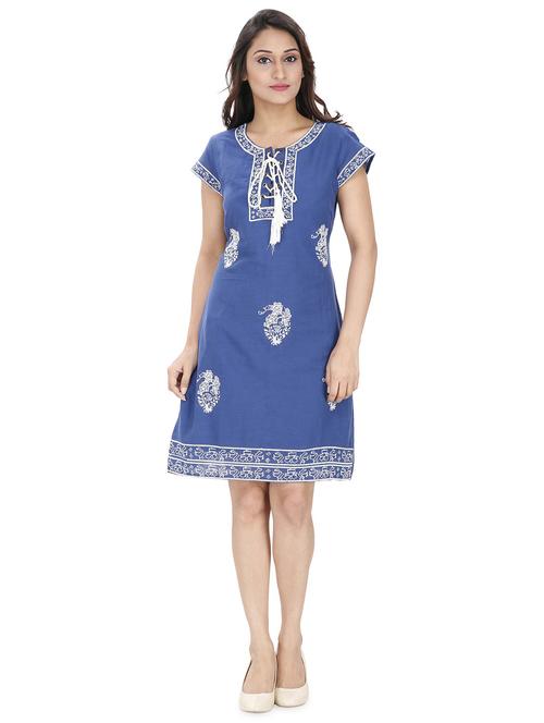 tie up neck embroidered detail a-line dress - 18359828 - Very Small Image - 1