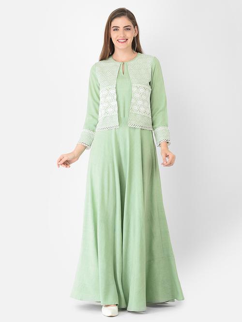 green rayon flared ethnic dress - 18360228 - Very Small Image - 1