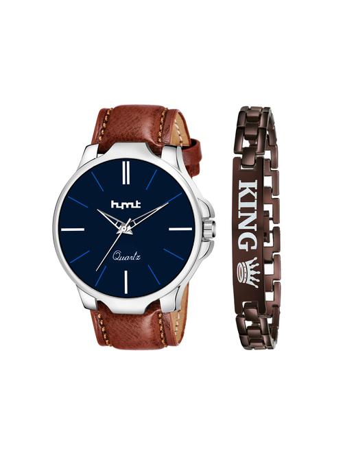 hymt hmty-5505 blue dial + brown leather strap + king bracelet (combo of watch + bracelet) - 18361818 - Very Small Image - 1