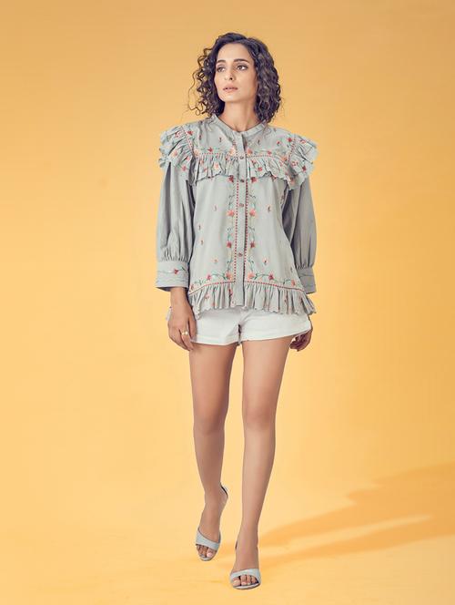 long sleeved embroidered ruffle top - 18362148 - Very Small Image - 1