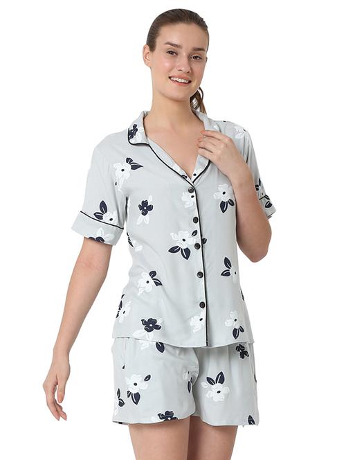shirt collar printed nightwear shorts set - 18362247 - Very Small Image - 1