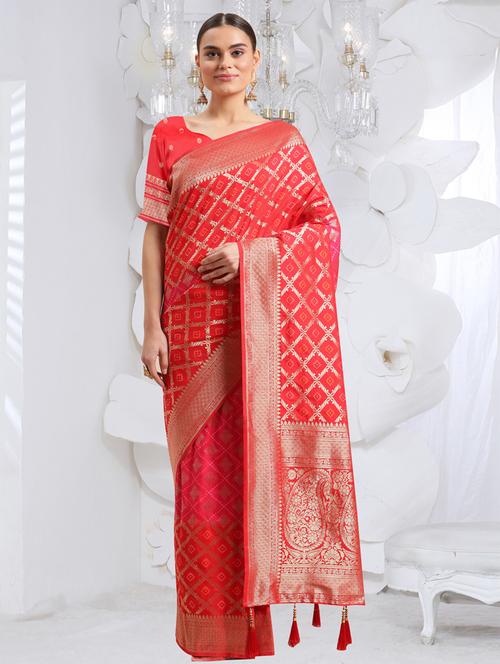 red silk blend banarasi saree - 18362783 - Very Small Image - 1