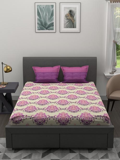 bianca soft 100% natural cotton double bedsheet with 2 pillow covers -3pc set (essenza) floral-purple/pink - 18362912 - Very Small Image - 1