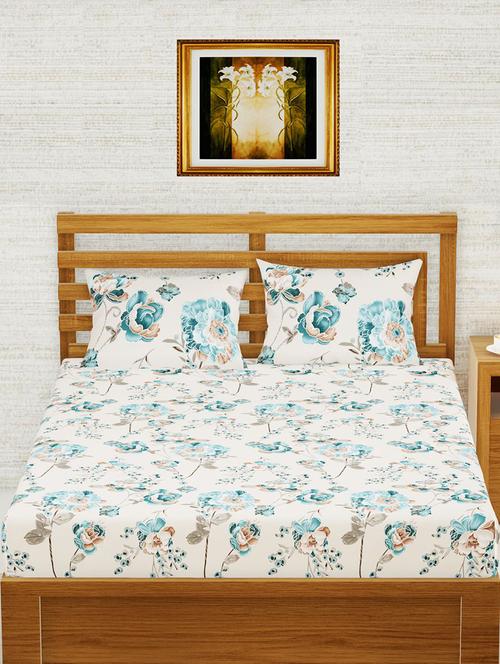 kopa extra smooth micro double bedsheet with 2 pillow covers -3pc set (envogue) floral-ivory/teal - 18362921 - Very Small Image - 1